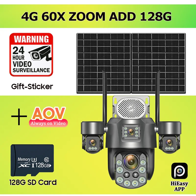 Solar 4-lens security camera bundle with solar panel and 128GB SD card