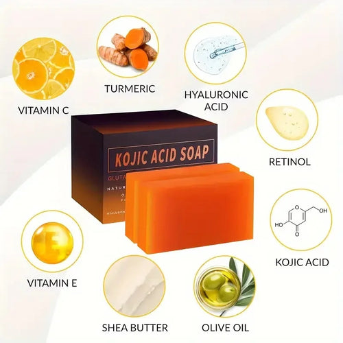 Anti-inflammatory turmeric and kojic acid soap bar in a black and orange box packaging.