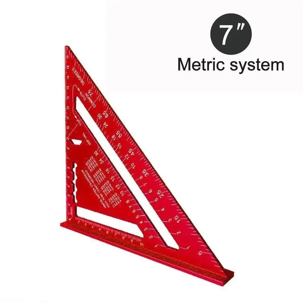7-inch red triangular speed square ruler with metric measurement markings and cutout