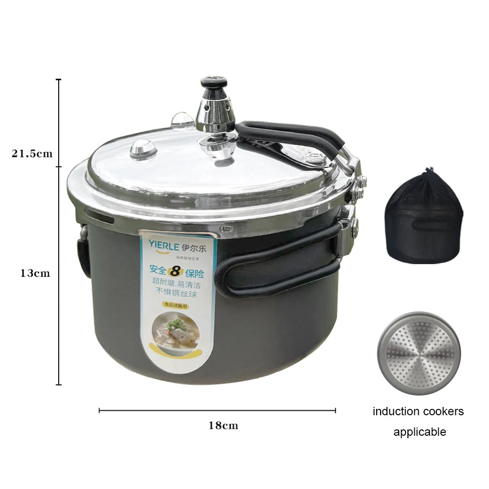 Pressure cooker with clear lid and vent valve; size diagram and steamer insert shown