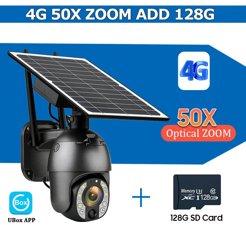4G PTZ security camera with solar panel, black housing, 50x optical zoom, 128GB SD