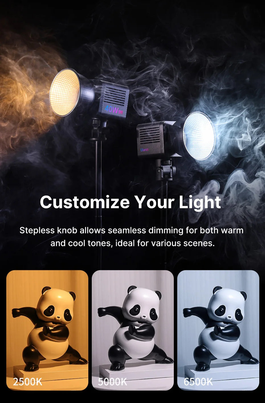 Two 40W black LED studio lights with reflectors on stands, demonstrating adjustable color temperature for photography.