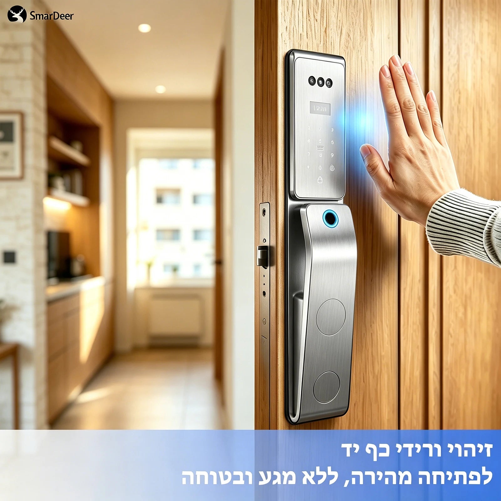 SmarDeer Israel 6590 Mortise Smart Lock for Tuya,IP66 Waterproof 3D Face & Palm Vein Recognition Lock with Hebrew,Tuya Wifi Lock