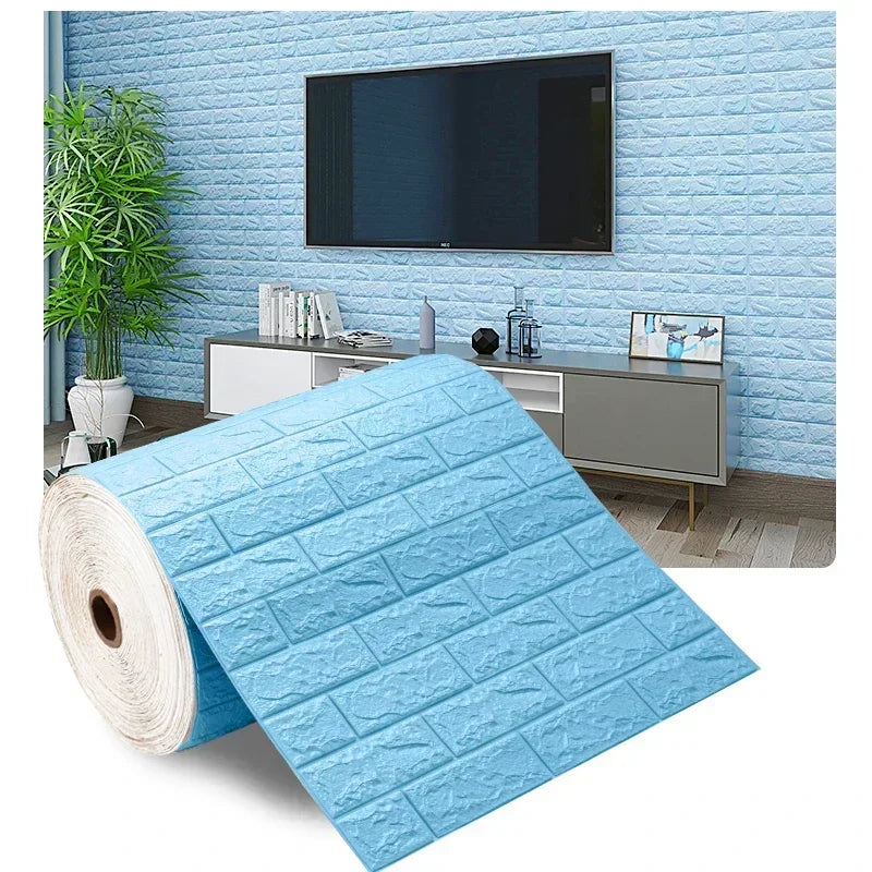 3D self-adhesive light blue brick wallpaper roll, embossed brick relief pattern