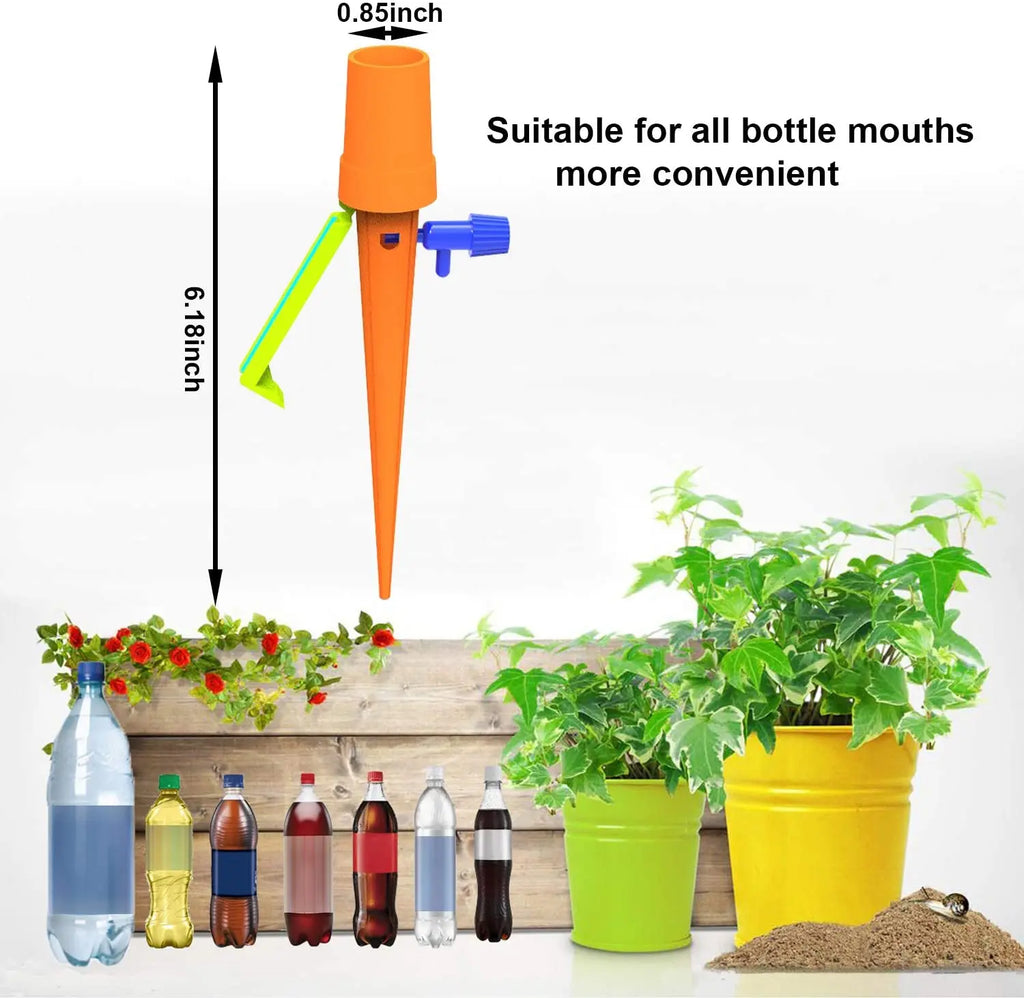 Single bottle-top auto drip spike with orange dripper and blue flow control for plants