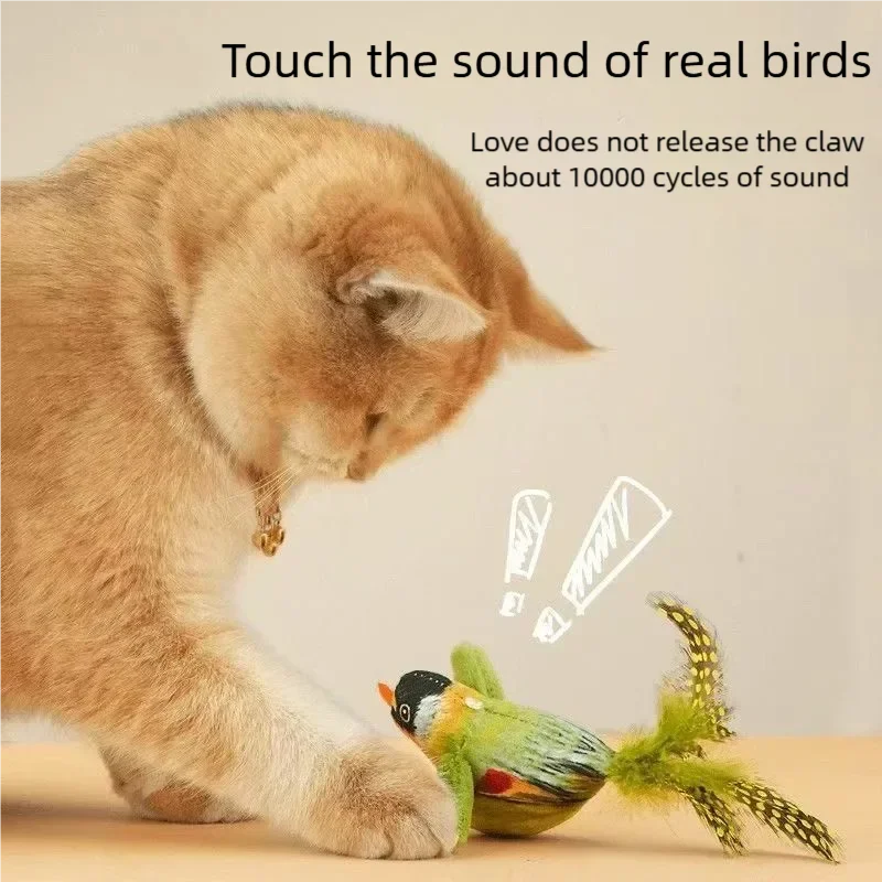 Cat playing with an interactive electric bird toy, featuring plush material, realistic chirping sounds, and flapping wings.