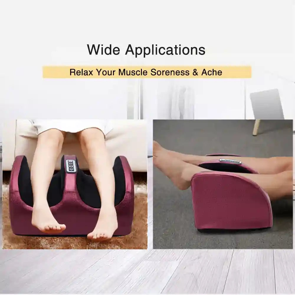 Electric foot massager with shiatsu kneading, heating therapy, and digital display for muscle pain relief at home.