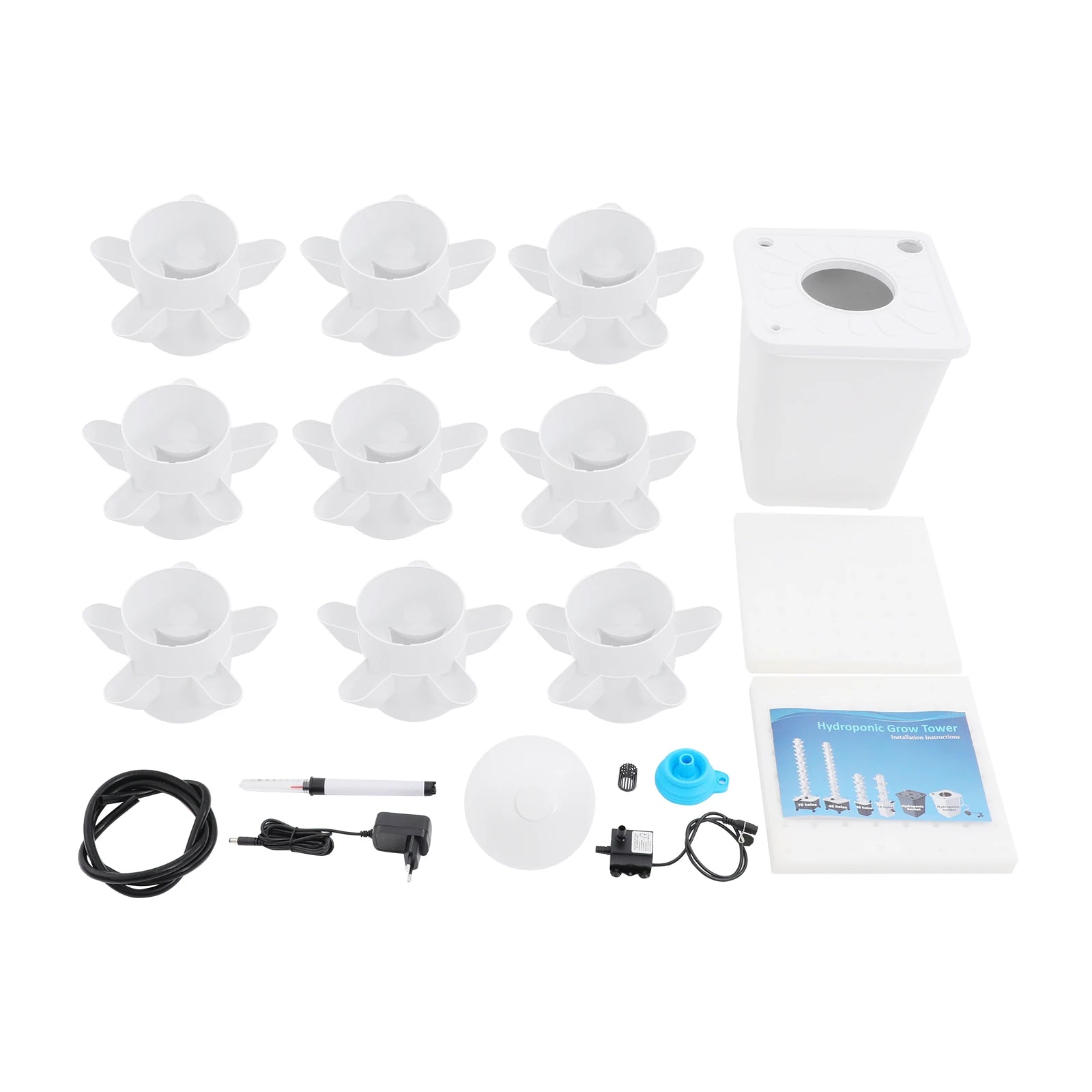 Hydroponic growing system components: white parts, tubing, blue reservoir, and pump kit