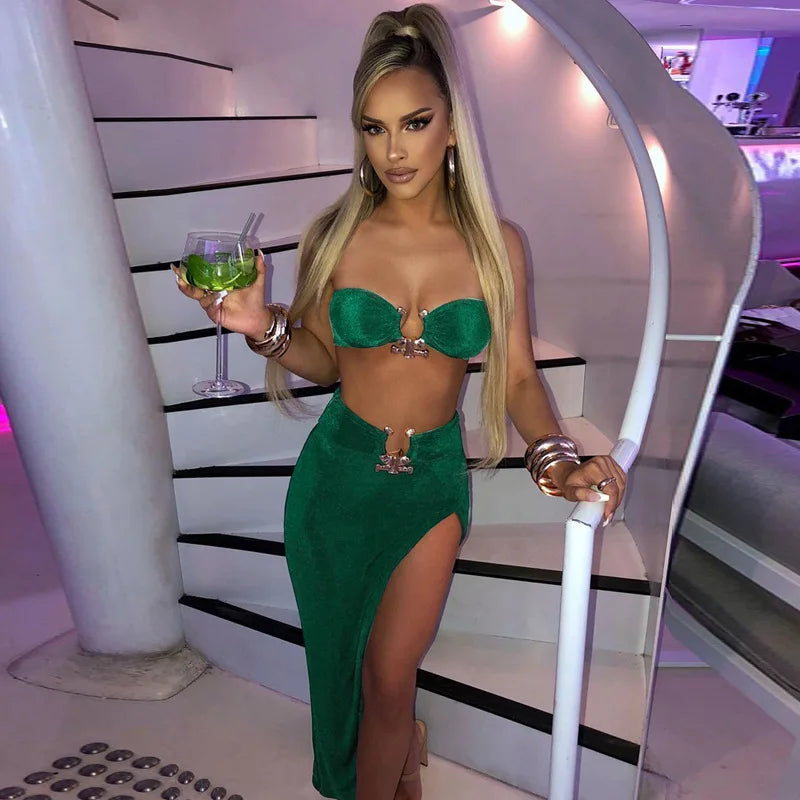 Velvet Sexy Strapless Crop Tube Top High Waist Slit Maxi Dress 2 Pcs Suits 2024 Fall Women Fashion Streetwear Vestido
