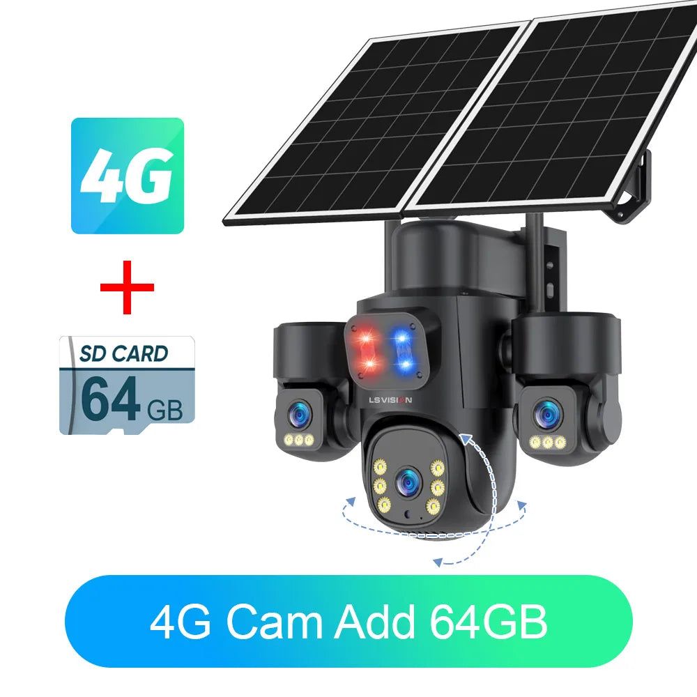 4G solar security camera with three lenses, solar panel, and indicator lights.