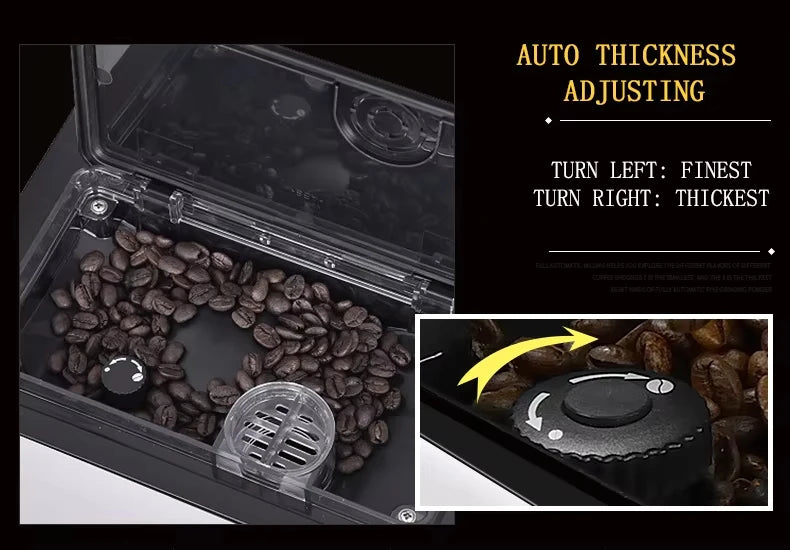 Coffee bean hopper of an automatic espresso machine with adjustable grind thickness knob and clear lid.