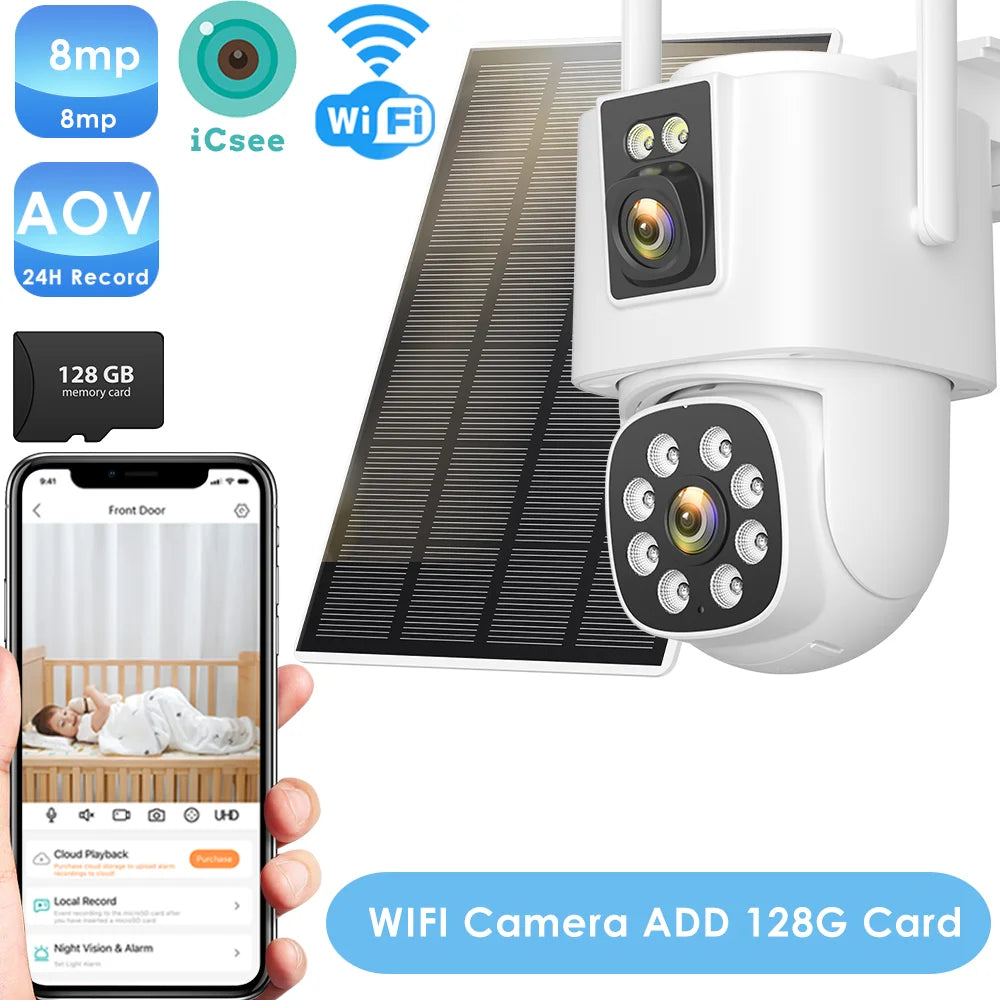 4G Solar Camera  Outdoors Wifi PTZ IP Camera 8MP 4K HD CCTV Camera AOV 24 Hour Recording Human Ai Auto Detect Tracking ICSee APP