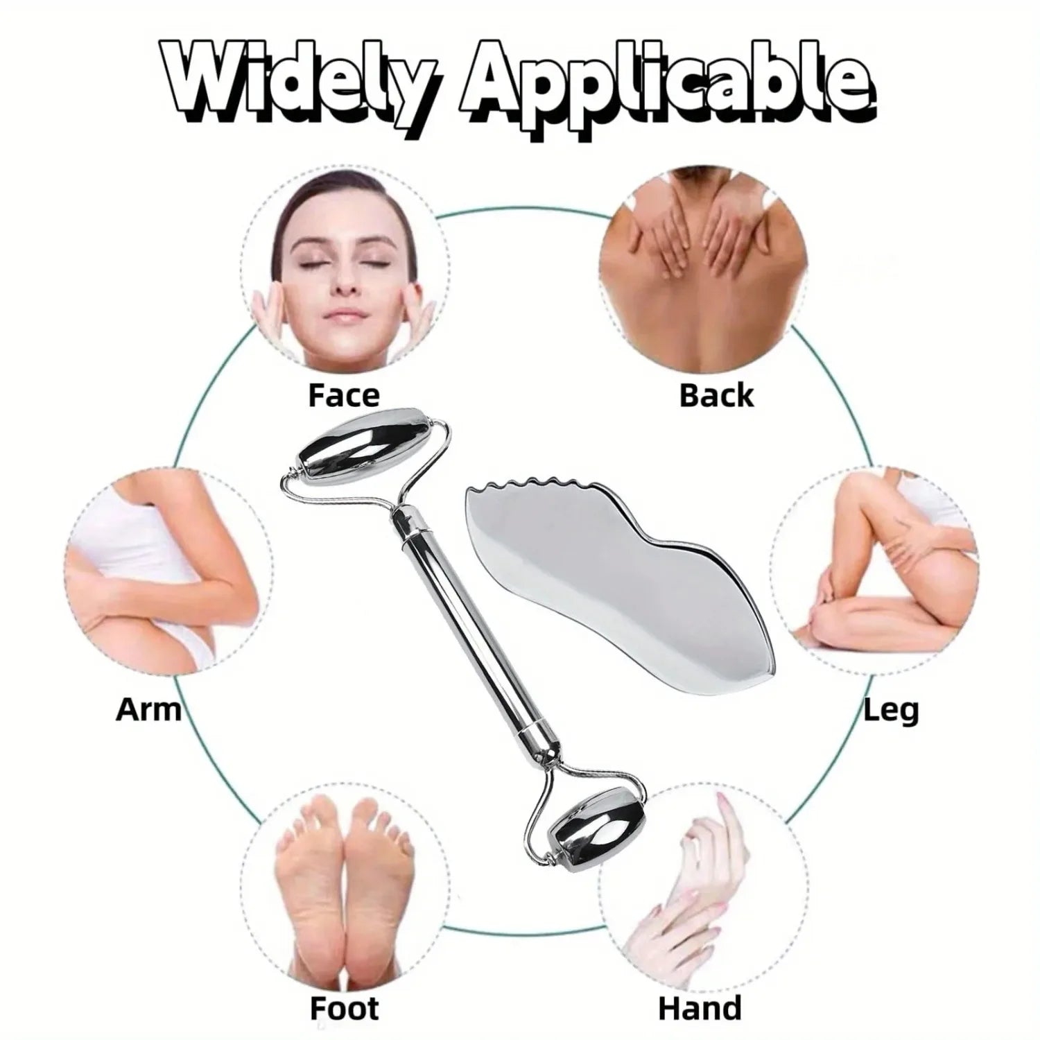 Silver stainless steel facial roller and scalloped-edge Gua Sha tool, shown with icons of use on various body areas.