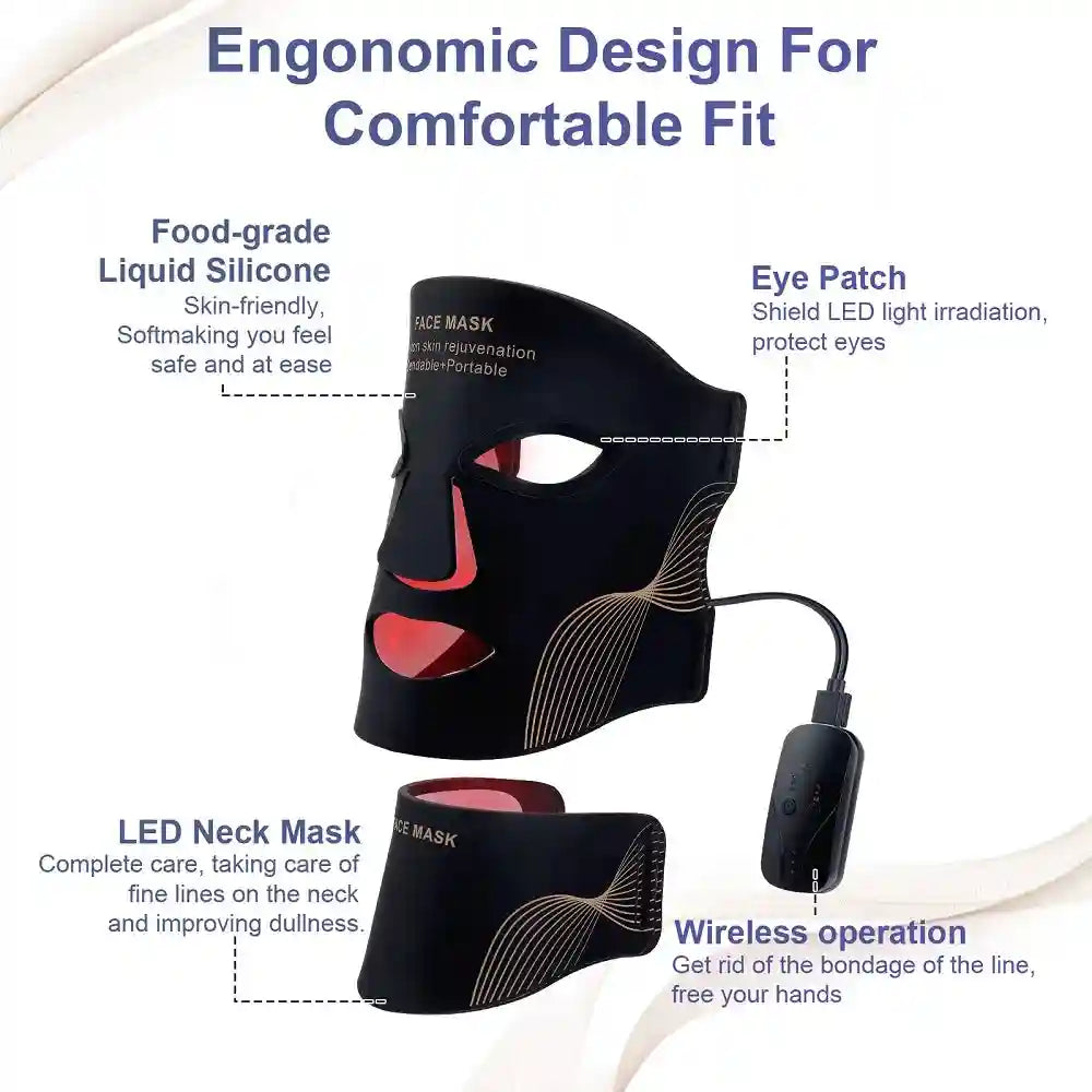 Black silicone LED face and neck mask with ergonomic design, eye protection, and wireless handheld remote controller.