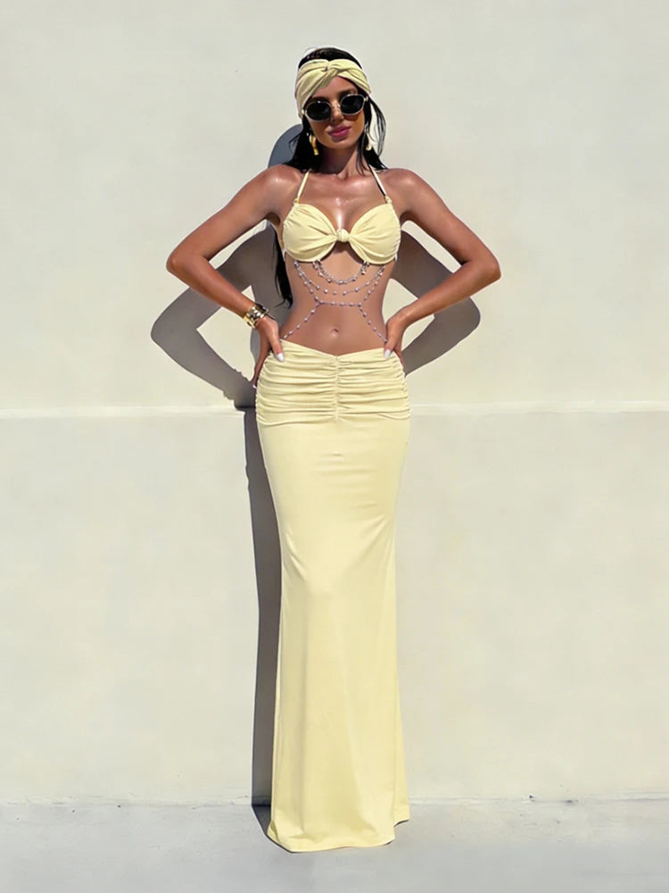 Kliou Sexy Fashion 2 Piece Set Woman Lace-Up Halter Beads Decoration Bar Tops+Elastic Waist Skirts Vacation Beach Style Outfits