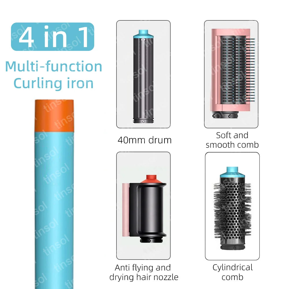 4-in-1 multi-function curling iron set with 40mm drum, smooth comb, nozzle, and round brush for high-speed hair care.