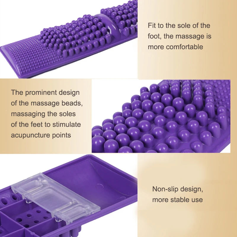 Purple plastic foot massager mat with acupressure beads for reflexology, pain relief, and non-slip home use.