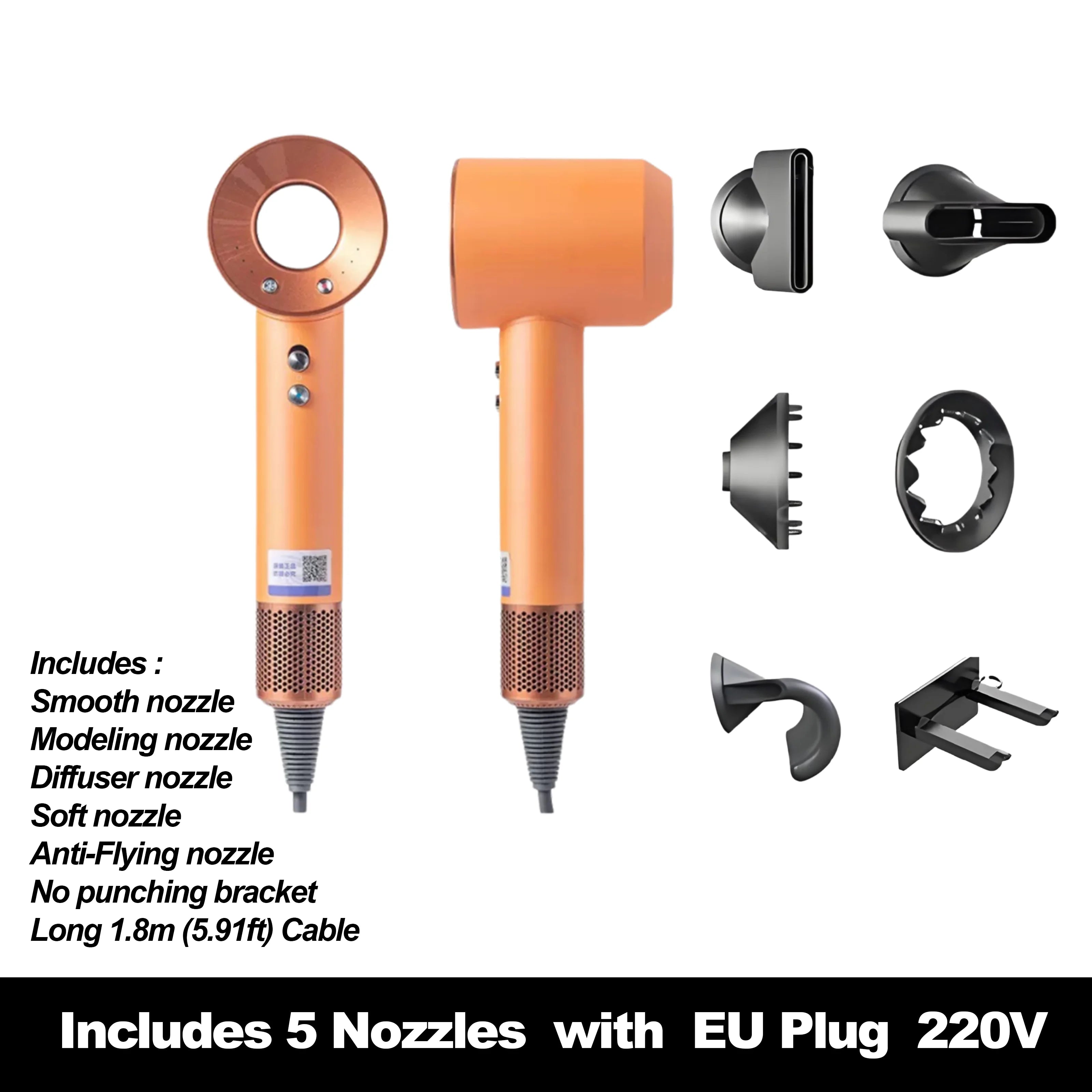 Orange high-speed ionic hair dryer set with 5 styling nozzles, diffuser, and wall bracket for professional salon care.