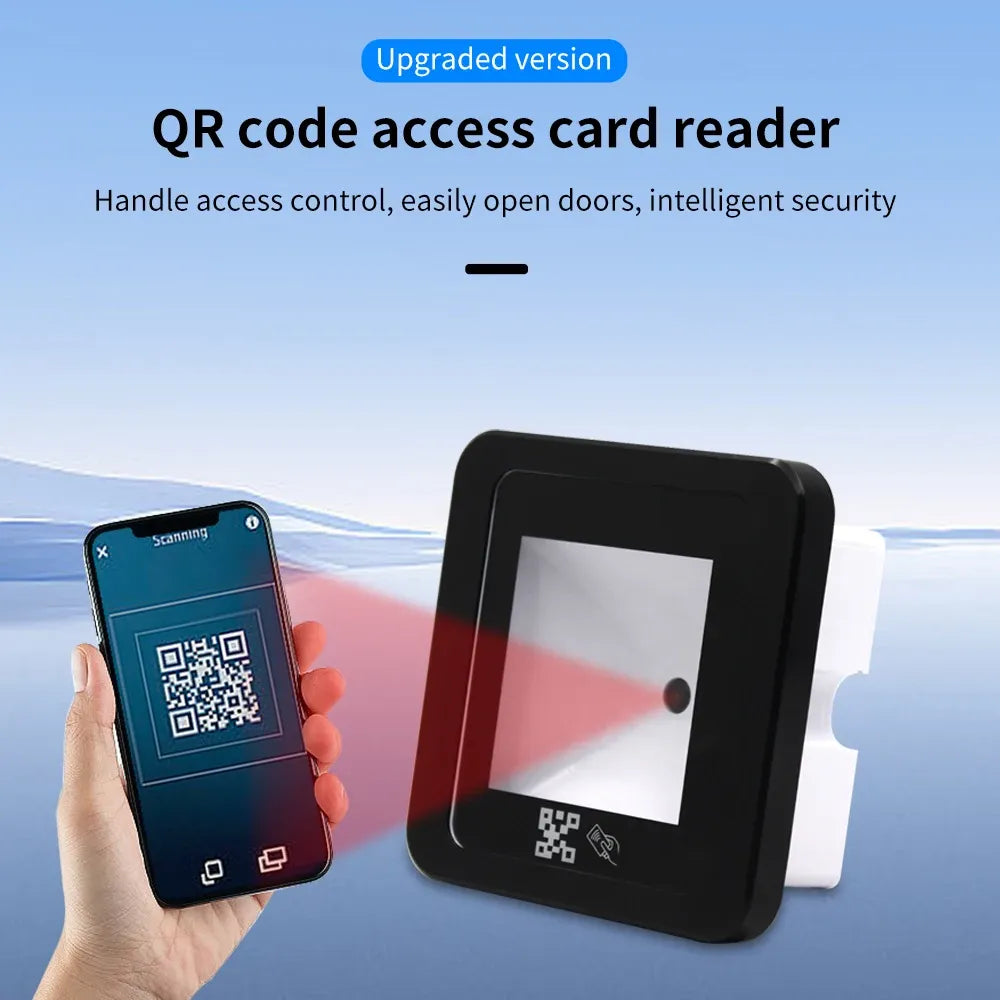 Black QR code access control reader with hand-held QR scan card example