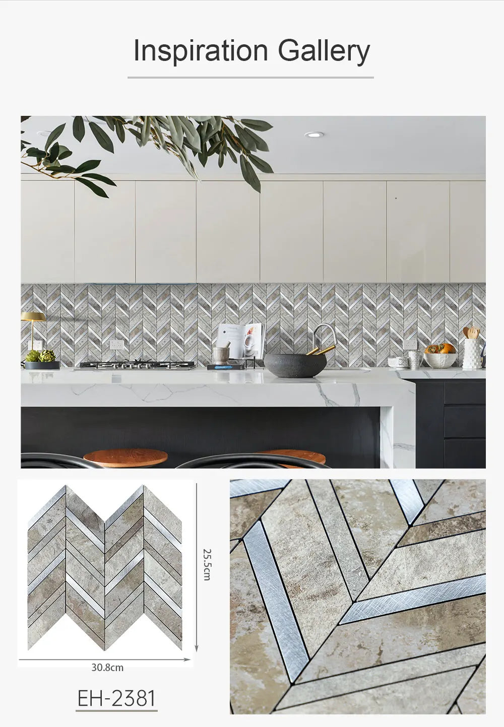 Herringbone Peel and Stick Backsplash, Faux Stone PVC Self Adhesive Marble Tiles for Kitchen Bathroom