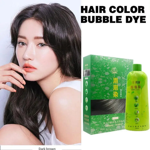 Black hair dye shampoo bottle and packaging, plastic-free 3-in-1 bubble hair color for gray hair coverage.
