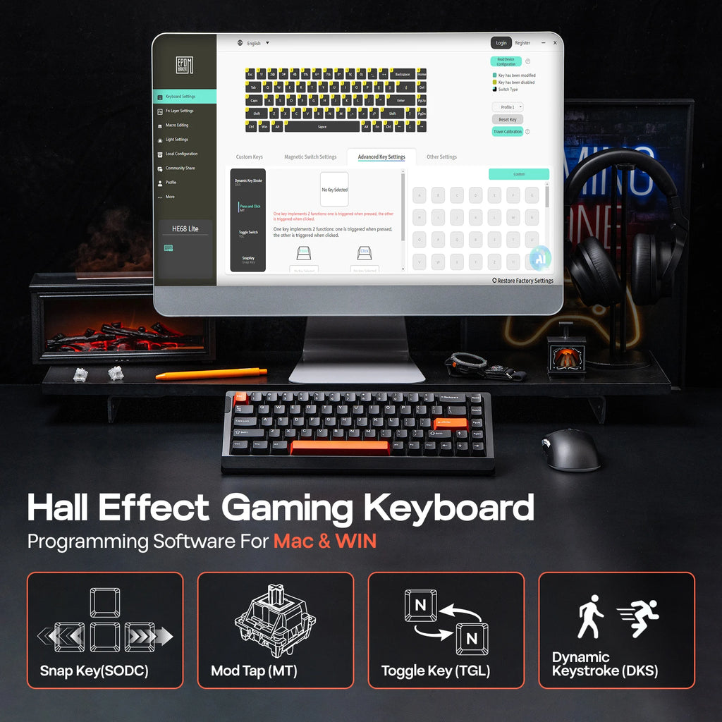 EPOMAKER HE68 Lite 65% ANSI US Layout Tray-Mounted Wired Hall Effect Magnetic Mechanical Keyboard DKS SOCD RGB Backlight