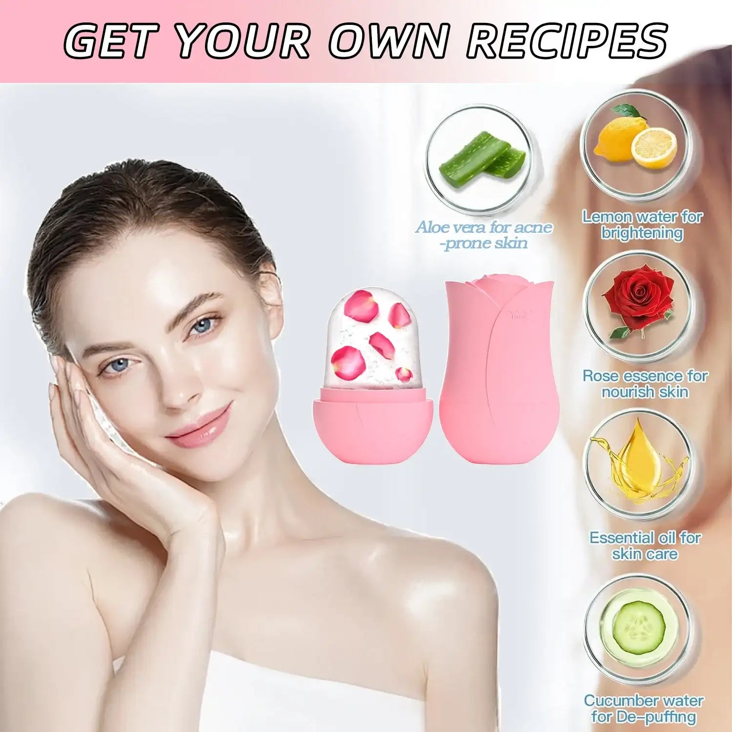 Pink silicone ice face roller with rose-shaped cap and frozen rose petal insert for facial skin care.
