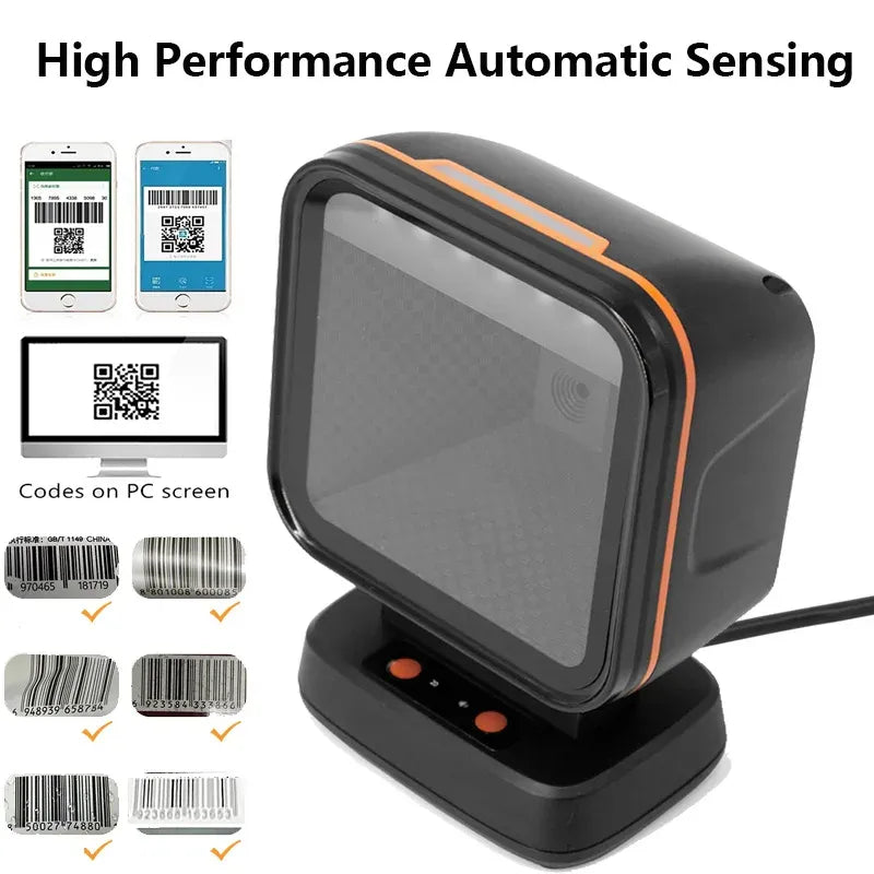 Desktop 2D barcode scanner with orange trim and hands-free stand