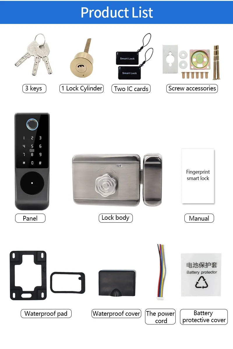 Waterproof Tuya Smart Double Side Fingerprint Lock Keyless Entry Motor Rim Door Lock 2.4G Wifi Remote Control with Alexa Echo