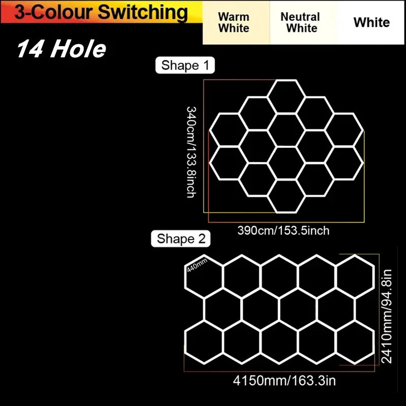 14-hole hexagon LED ceiling light layout diagrams for Shape 1 and Shape 2