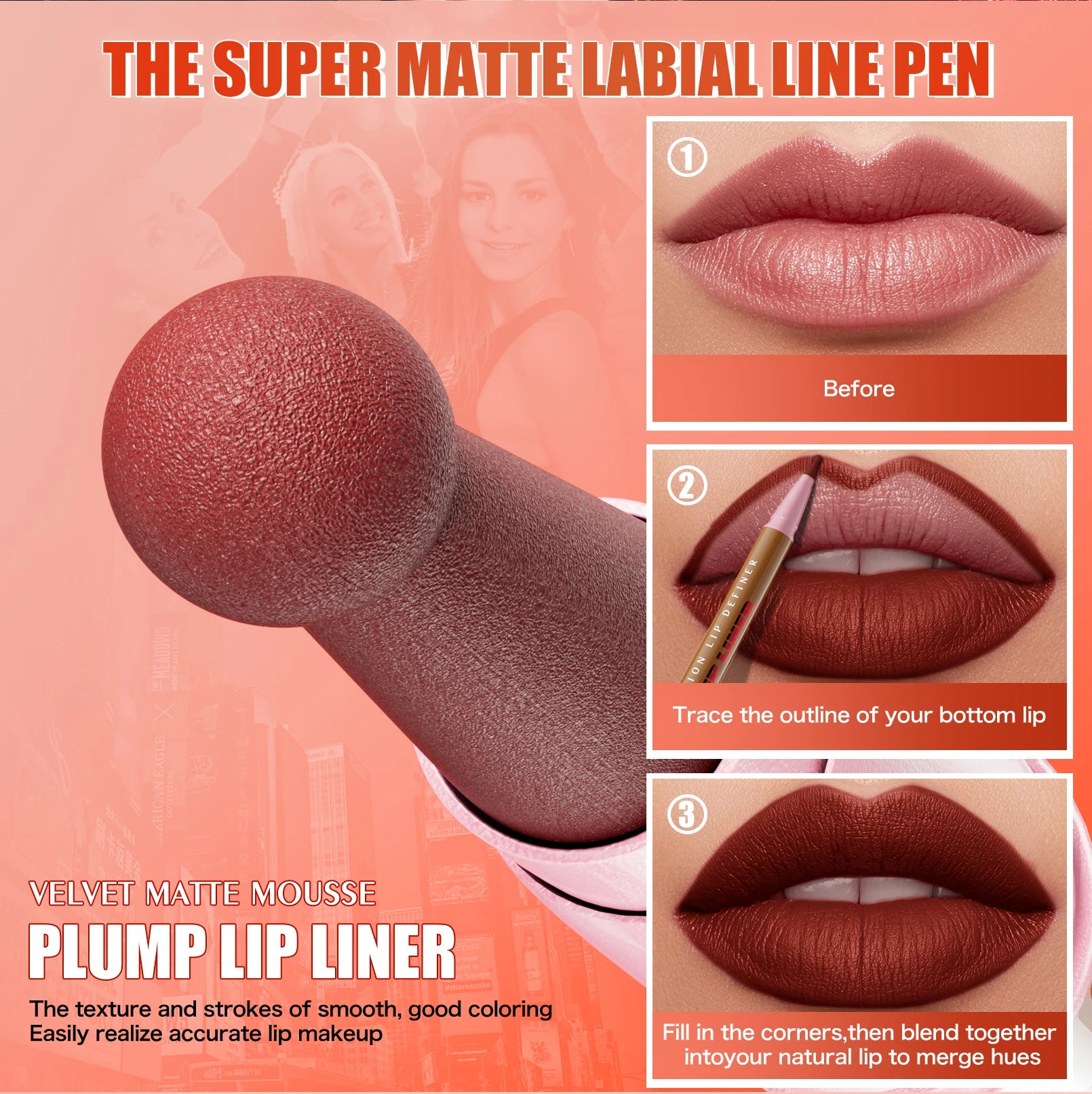 Waterproof velvet matte lip liner pencil for natural plumping, defined lip contour, and smooth, long-lasting matte finish.