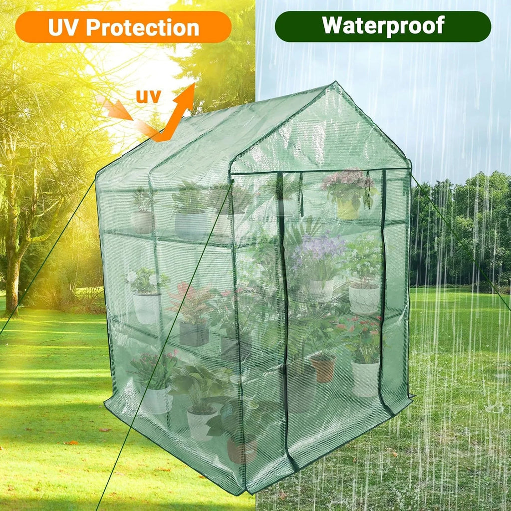 Walk-in Greenhouse for Outdoors,  Green Plant Greenhouse with 8 Shelves, Steel Frame, PE Cover, Roll-Up Zipper Door