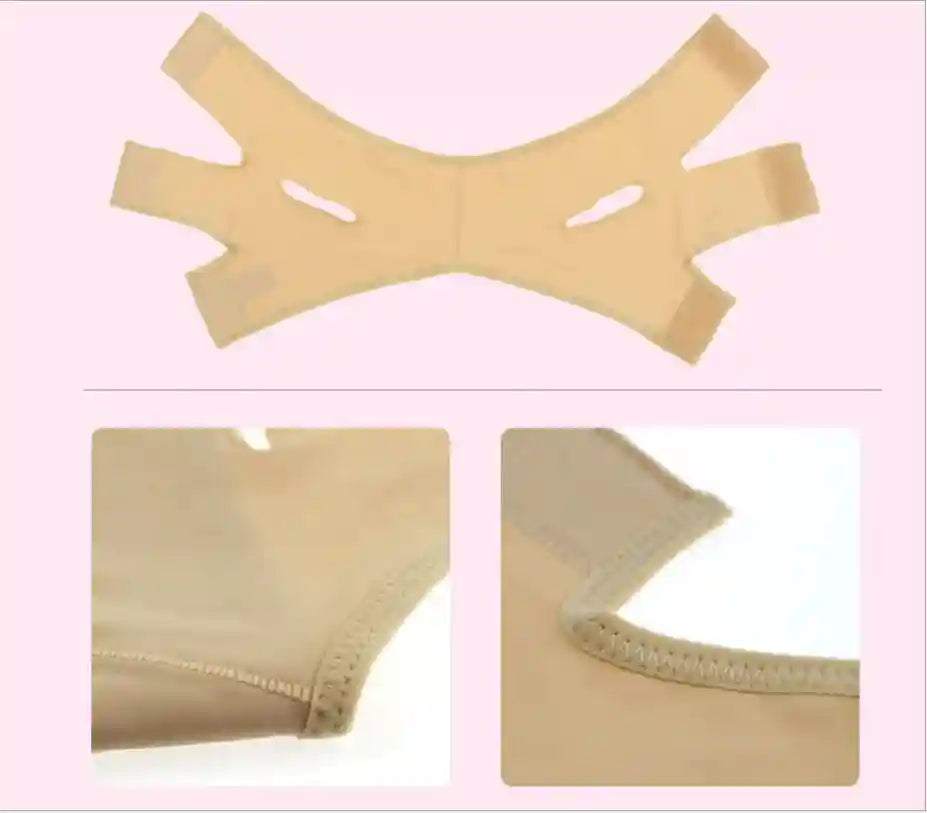 Beige elastic face slimming bandage with multi-strap V-line design and close-up views of the fabric and stitching.