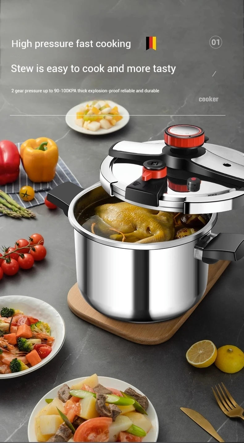 304 stainless steel pressure cooker with red valve and lid, showing stew inside pot