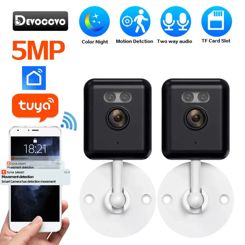 Indoor mini security camera set with two black units and white mounting bases