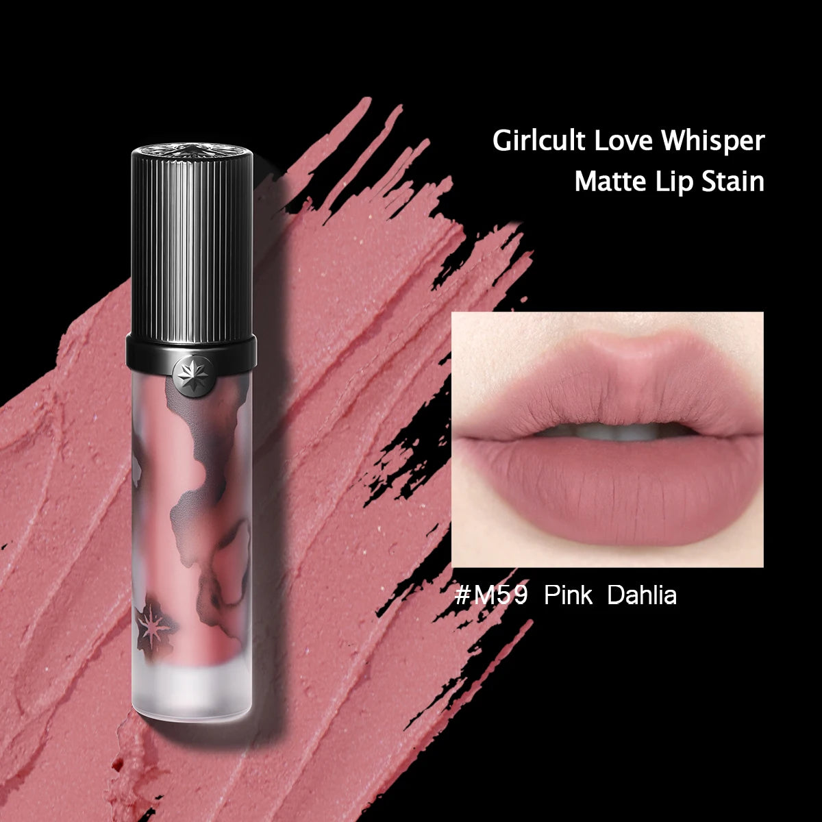 Girlcult Love Whisper Matte Lip Stain in M59 Pink Dahlia. Soft-focus velvet texture for lightweight, non-drying lips.