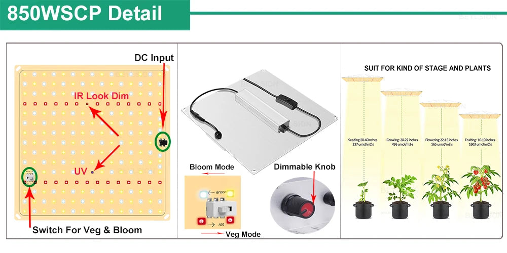 850W LED grow lamp detail diagram with dimmable knob and veg or bloom mode