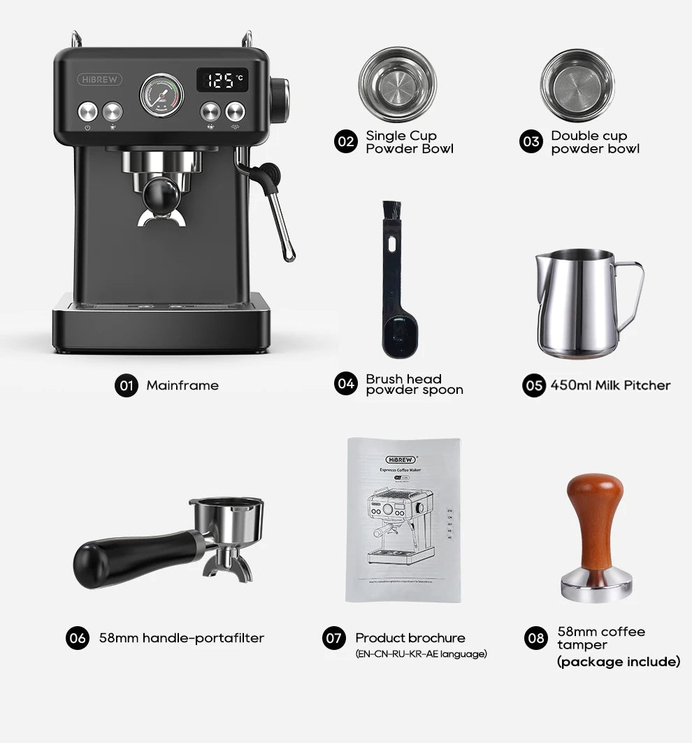 HiBREW black espresso machine with 58mm portafilter, 450ml milk pitcher, tamper, and accessories.