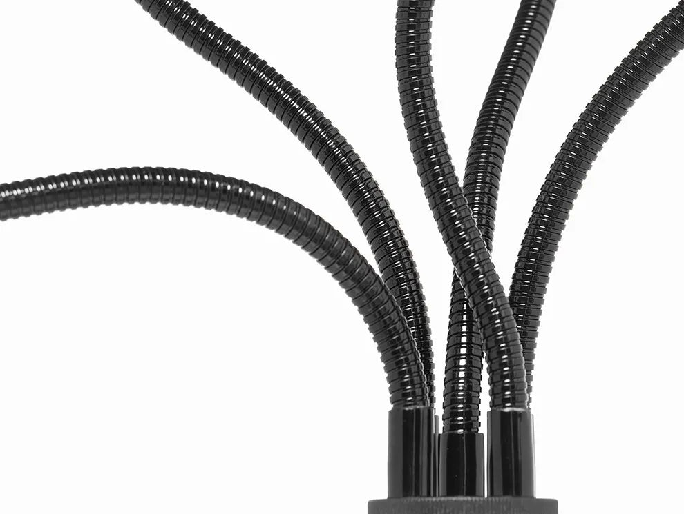 Flexible black metal gooseneck arms branching from a central mount for adjustable lighting or positioning.