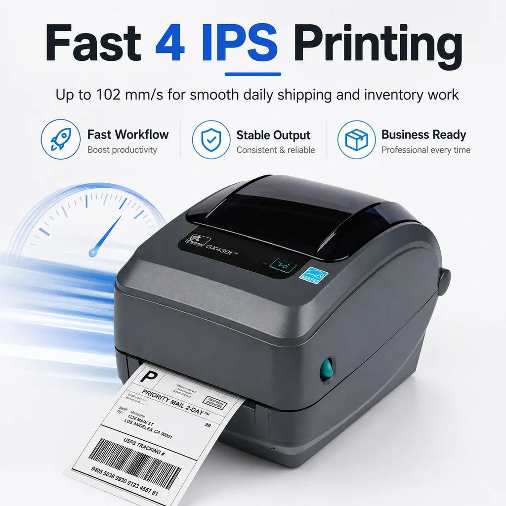 Zebra GX430T desktop label printer feeding a label from the front slot
