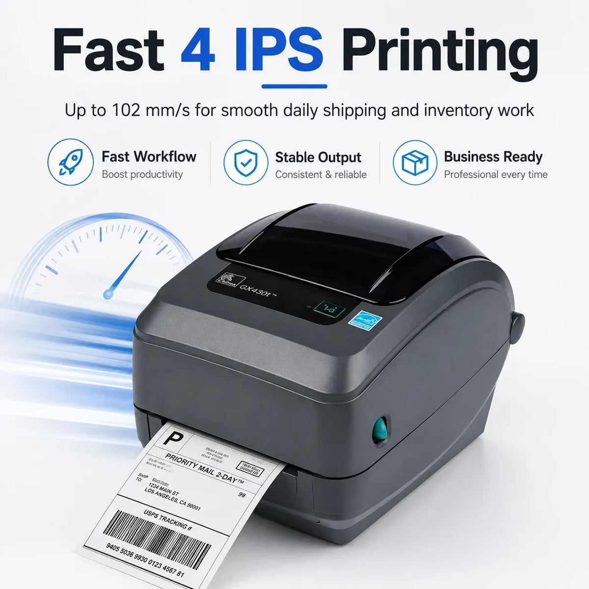 Zebra GX430T desktop label printer feeding a label from the front slot