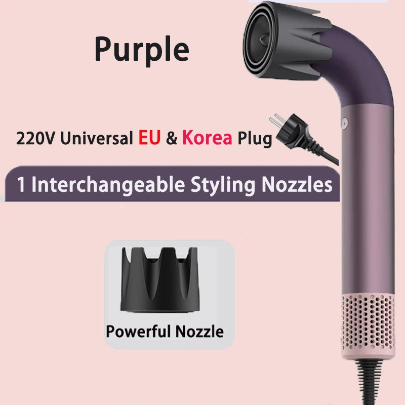Purple 1400W fast-drying hair dryer with ergonomic L-shape design, EU plug, and powerful interchangeable styling nozzle.