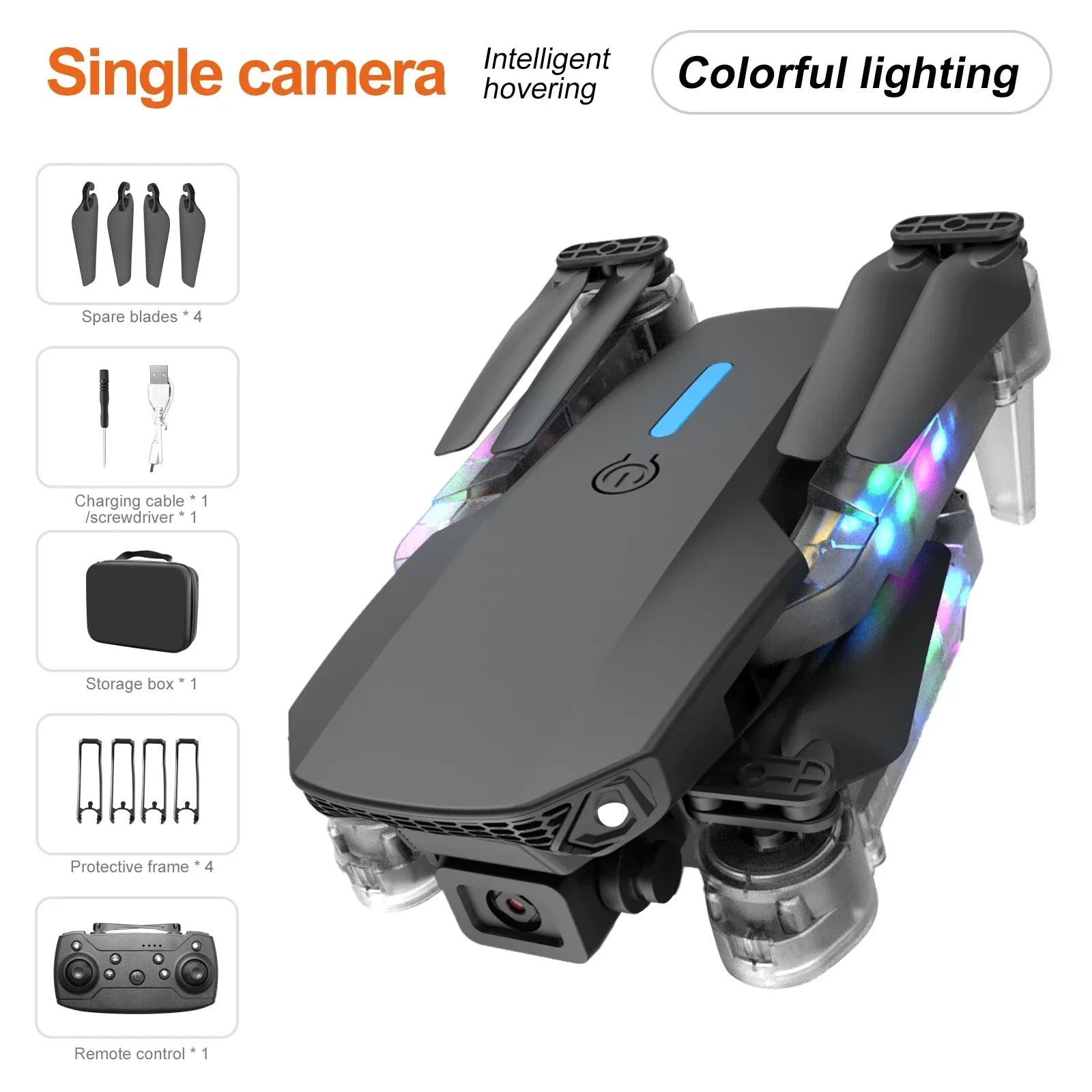 Foldable black camera drone with colorful LED lights, shown with remote, spare blades, and accessories in a storage