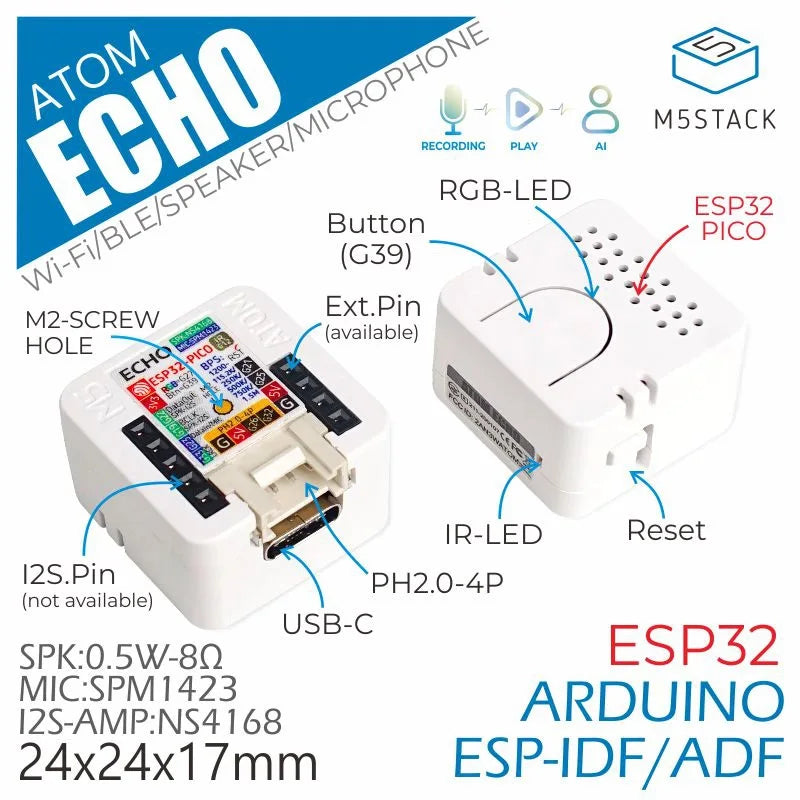 Original M5Stack ATOM Echo or Base ASR ESP32 Programmable Smart Speaker Development Board Kit For Home Assistant Voice Control