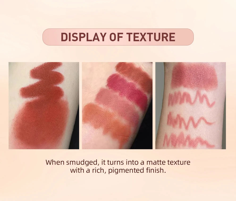QIBEST matte nude lip liner and lipstick swatches showing rich, pigmented, long-lasting waterproof lip makeup texture.