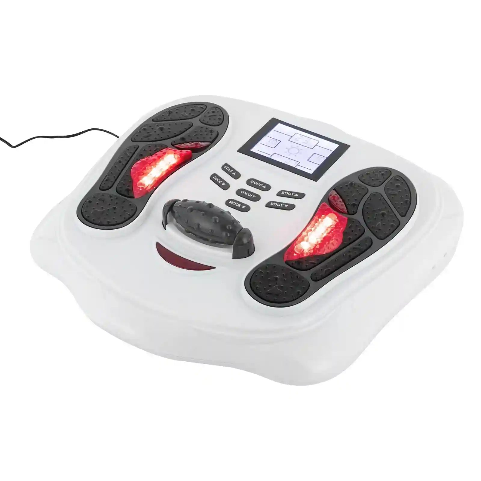 White electric leg circulation simulator and foot massager with LED lights, digital control panel, and textured pads.