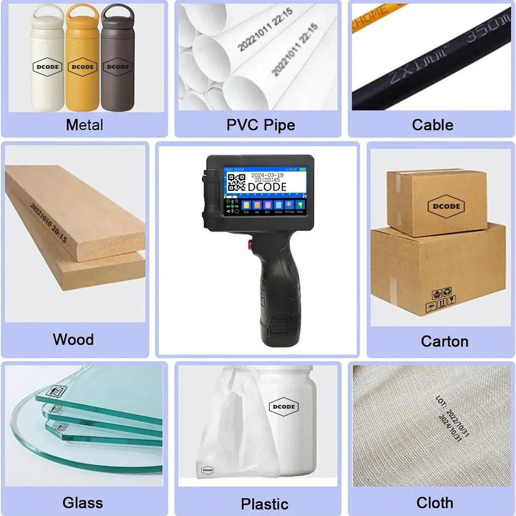 Handheld inkjet printer shown with examples printing on metal, PVC, wood, glass