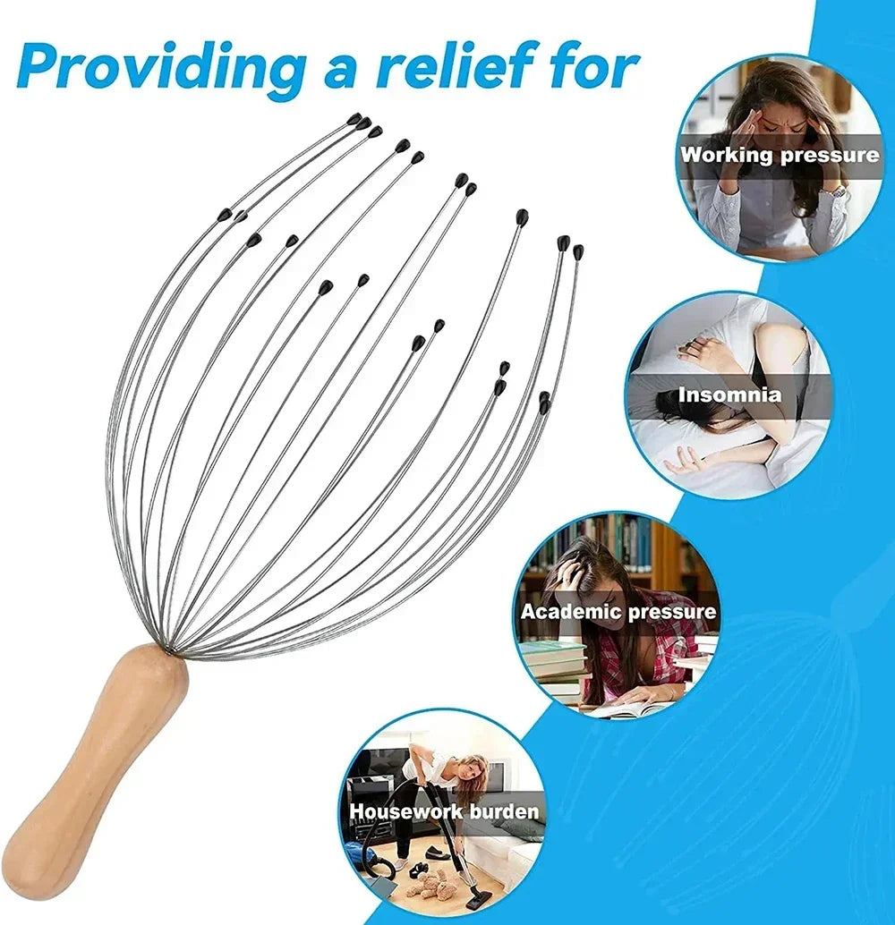 24-finger octopus scalp massager with wooden handle for head relaxation and stress relief from work or insomnia.