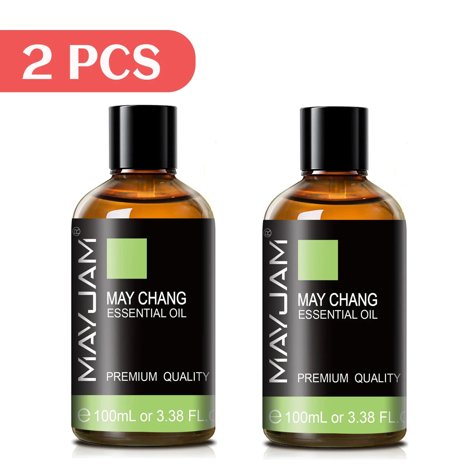 May chang essential oil, 2-pack amber bottles with black caps, 100ml.