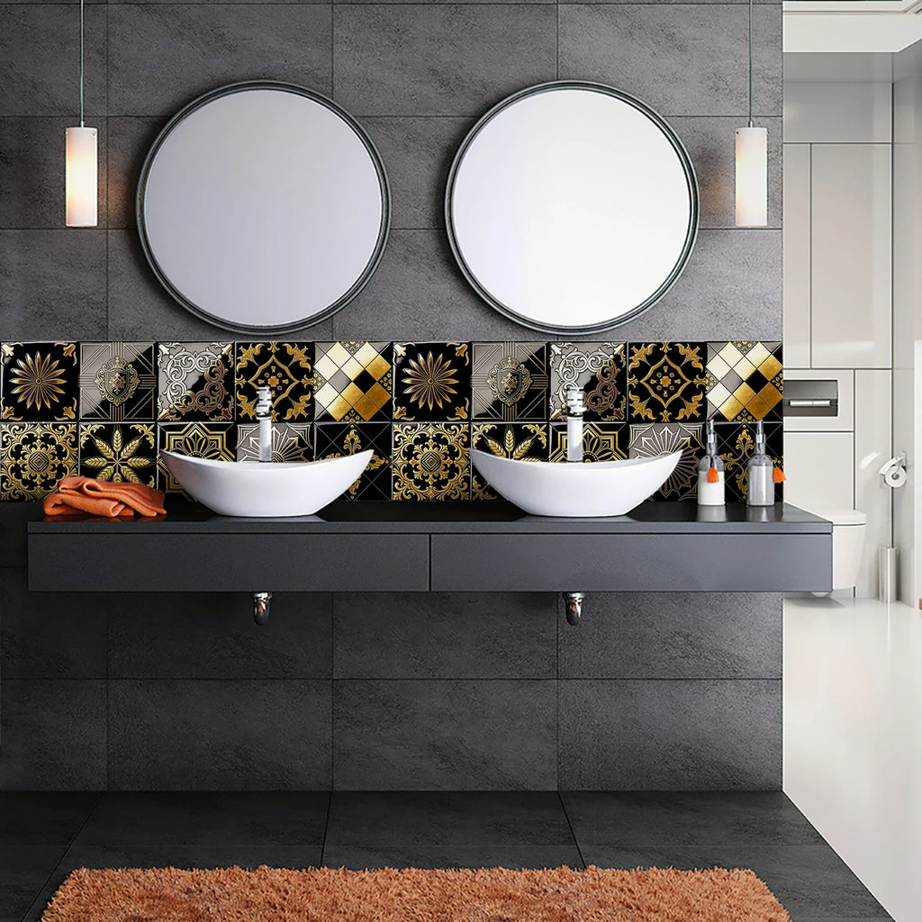 20pcs Classic Black Gold Ornate Baroque Style Tile Transfers Waterproof Stickers for Home Renovation